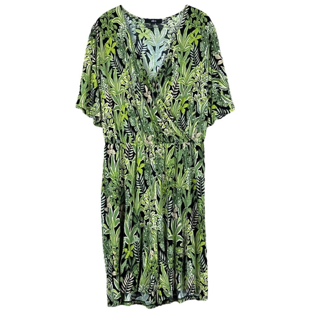 Ellos Tropical Succulent Leaf Print Faux Wrap Romper Lime Green Black Size 14/16